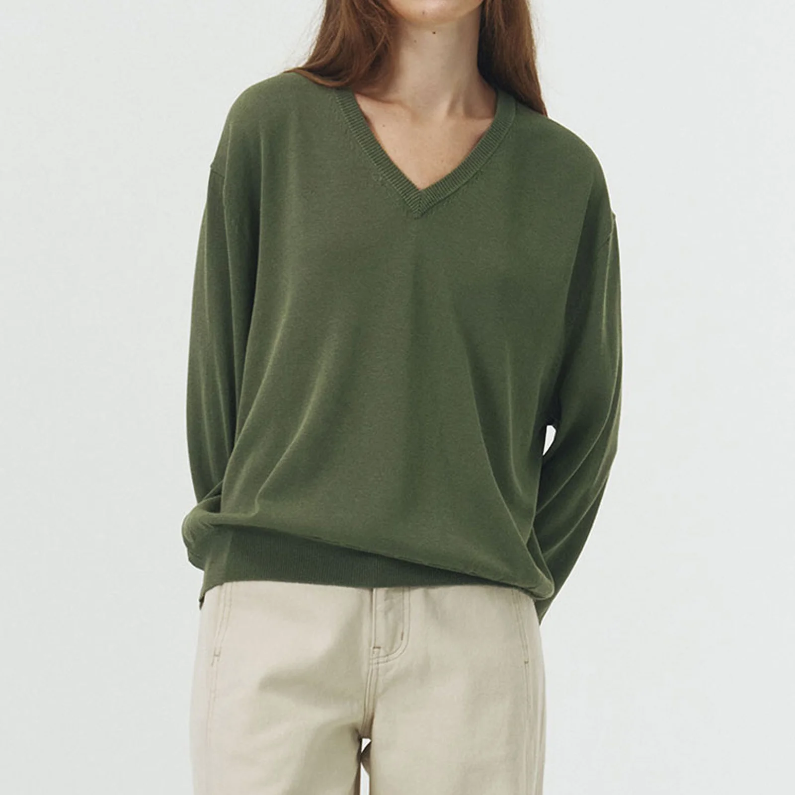 Cotton Loose V-neck Knit ( Matcha )