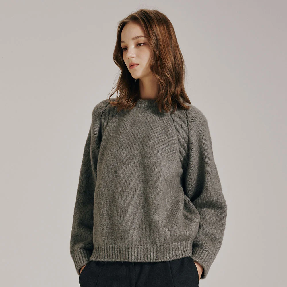 圓領 領 羊毛 針織衫 - 麻花 灰色 / Round Neck Wool Knit -M.Gray