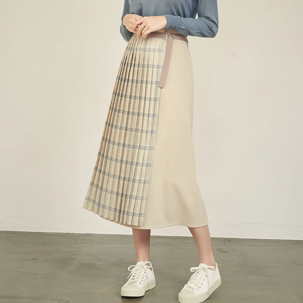 Half Wrap Pleats Skirt_Beige