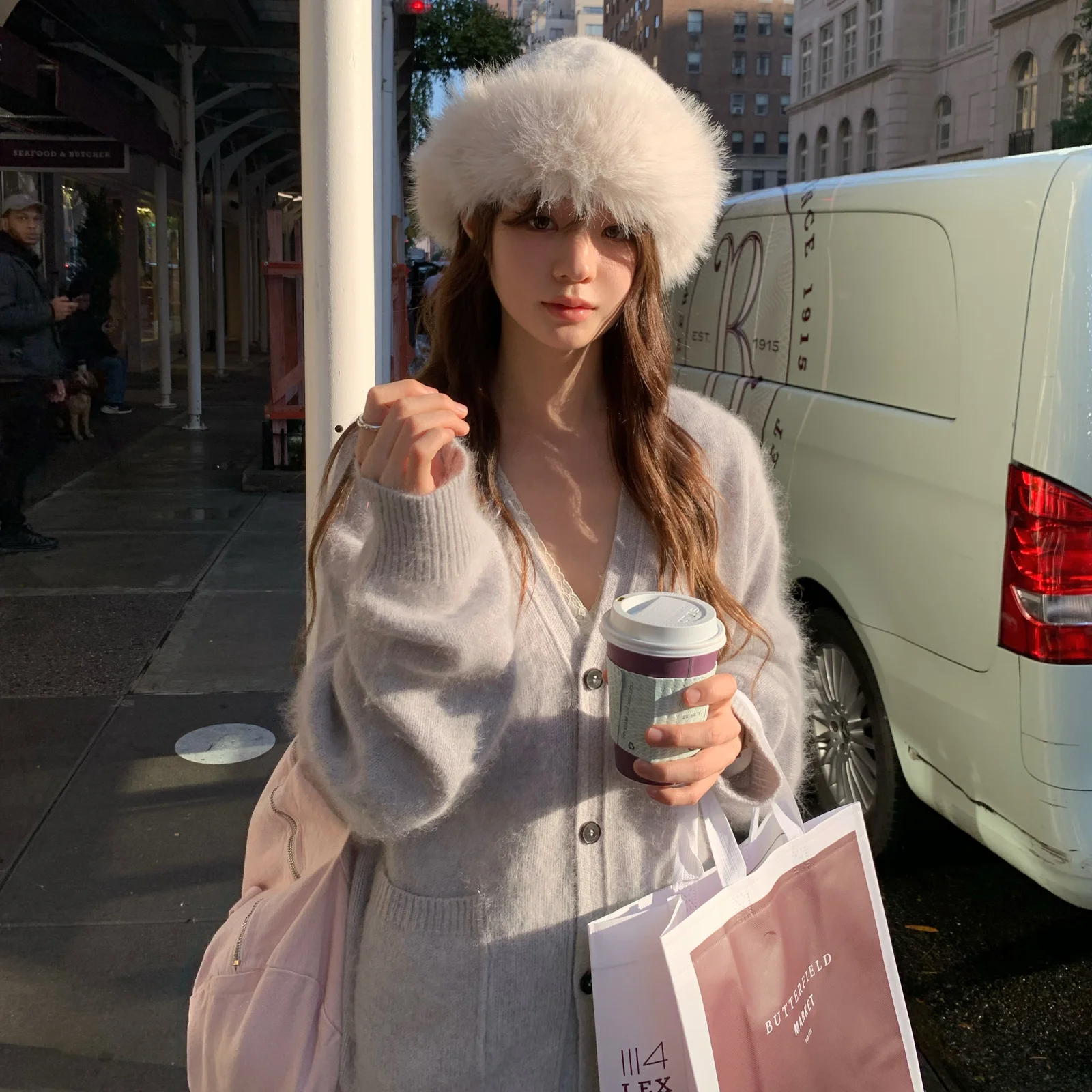 Fuzzy V-neck Knit Cardigan_Melange Grey