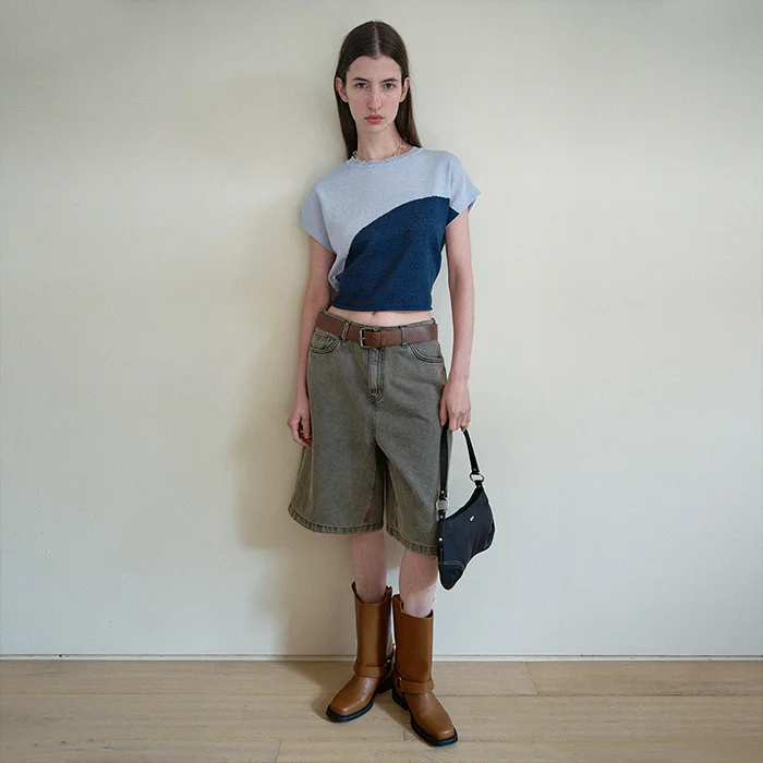TWO TONE DRAWSTRING KNIT TOP - BLUE