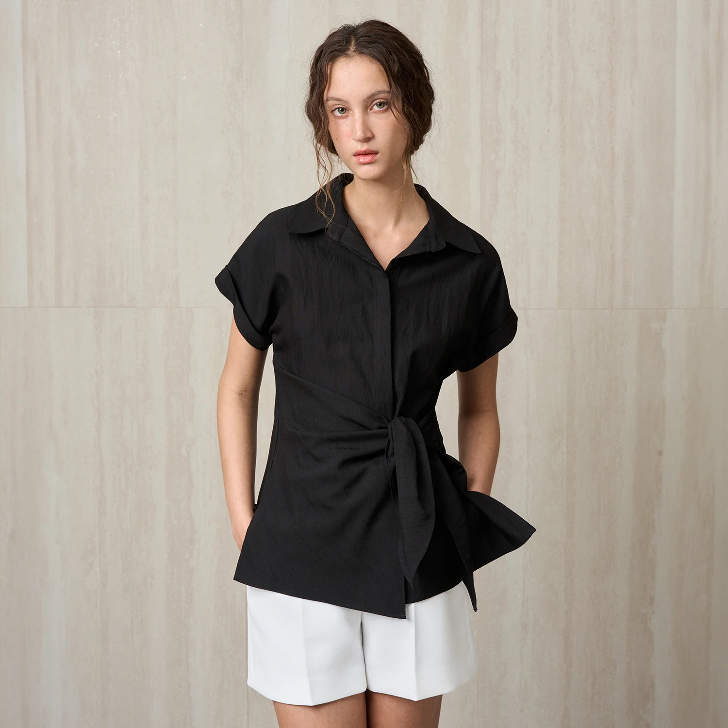 SIDE TIE ASYMMETRIC SHIRT TOP BLACK