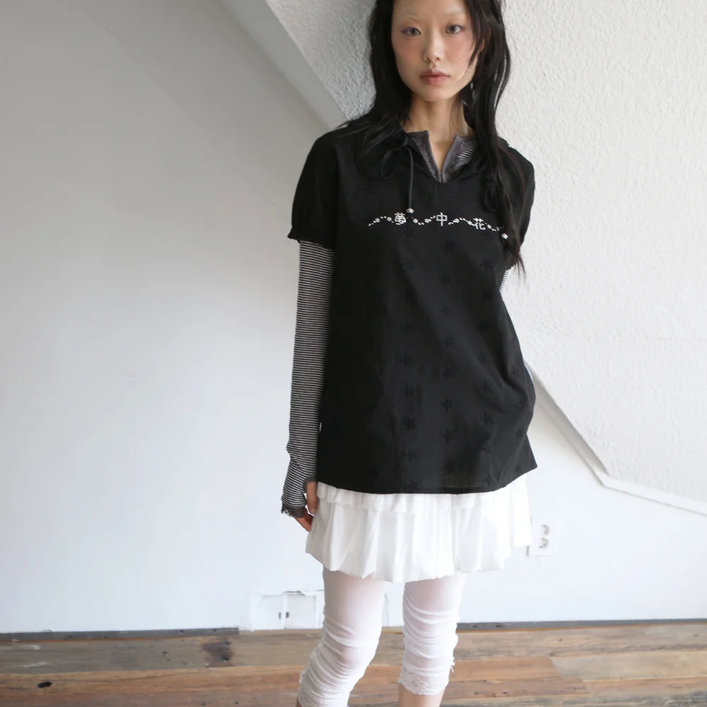 DREAM FLOWER HOOD LONG TOP BLACK