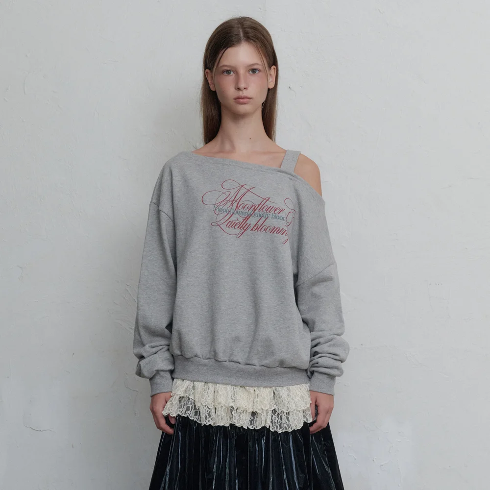 Fairy ruffle off-shoulder sweatshirt (Grey)