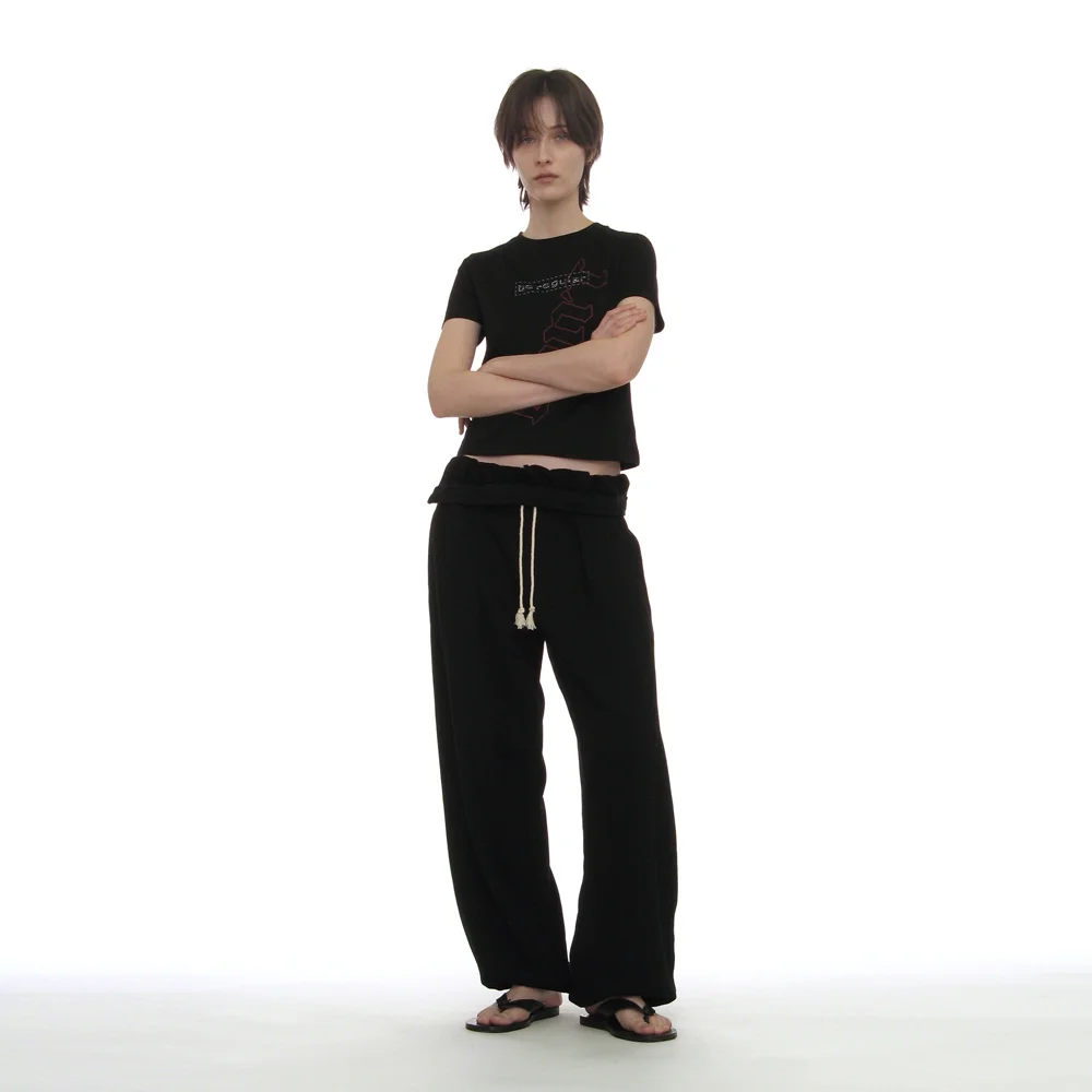 FOLDOVER WAIST PLEATED SWEATPANTS_BLACK