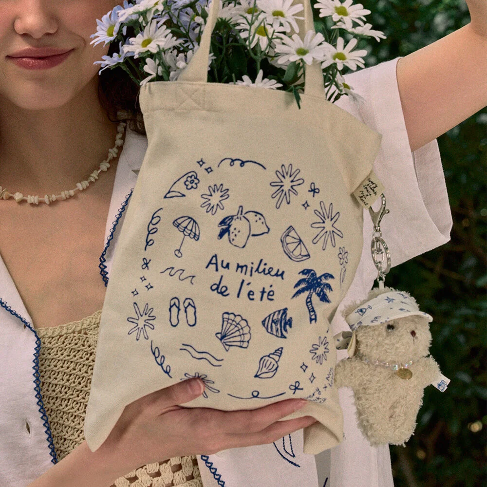 Seaside Hand Drawing Eco Bag - Cream