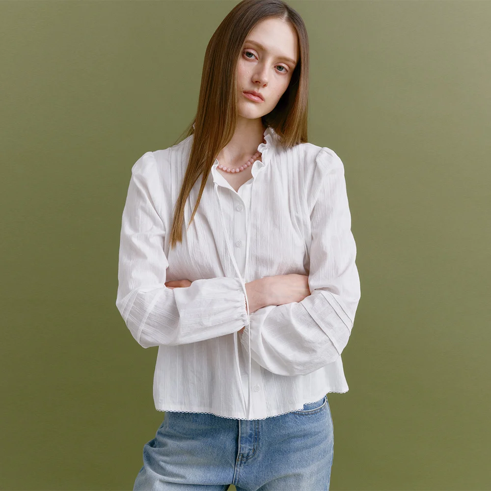 COTTON FRILL-NECK BLOUSE (sand ivory)