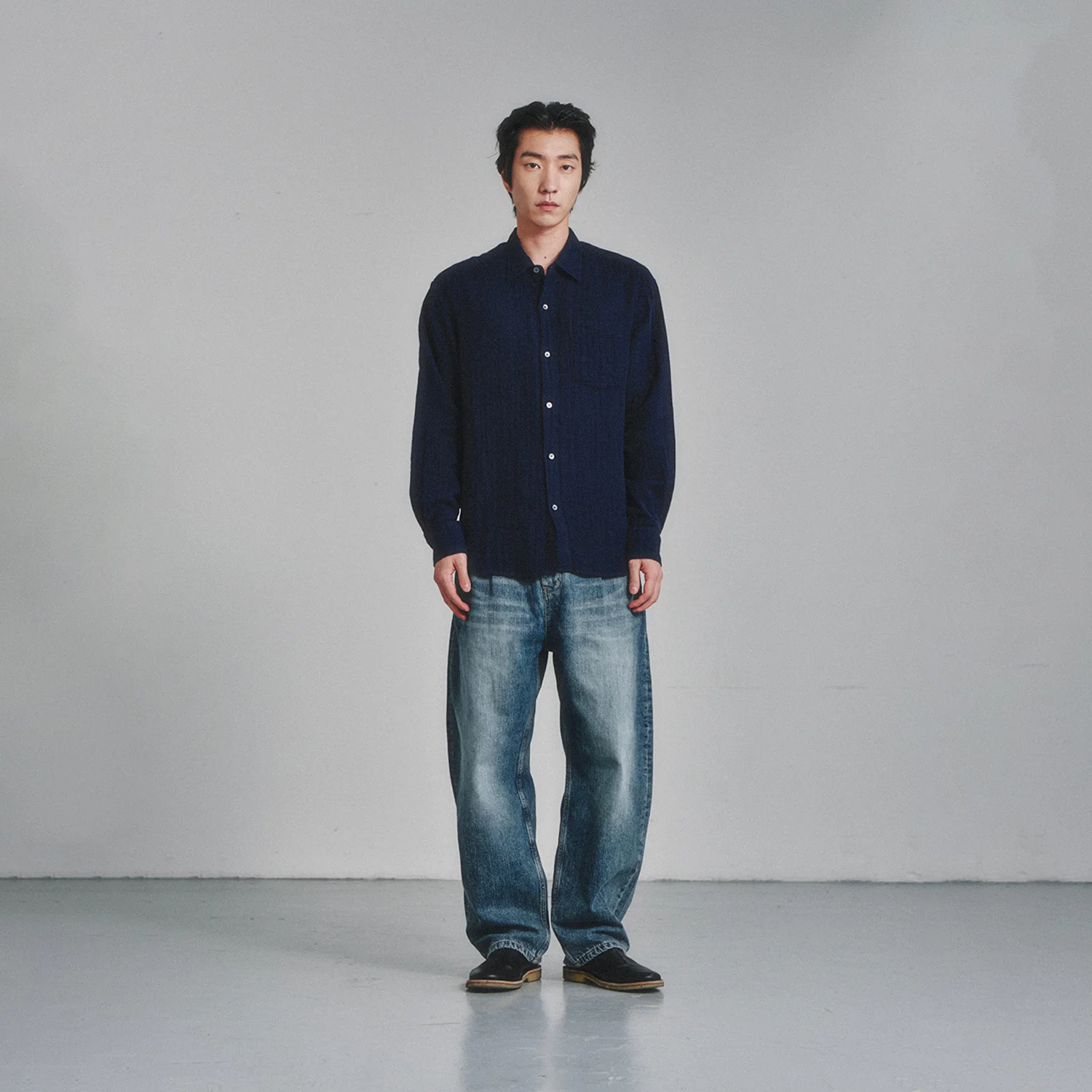 One Tuck Curve Denim Pants_Washed Blue