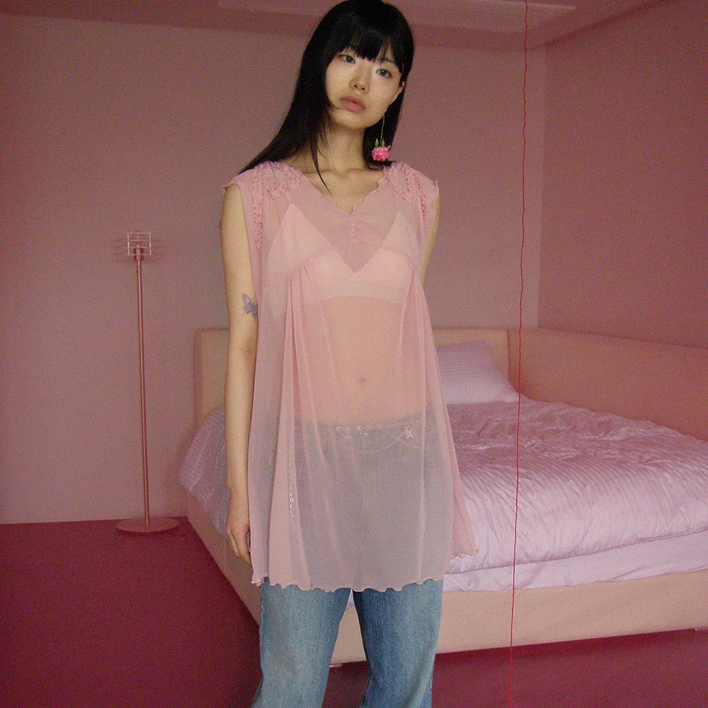 SHEER MESH RIBBON DRESS PEACH