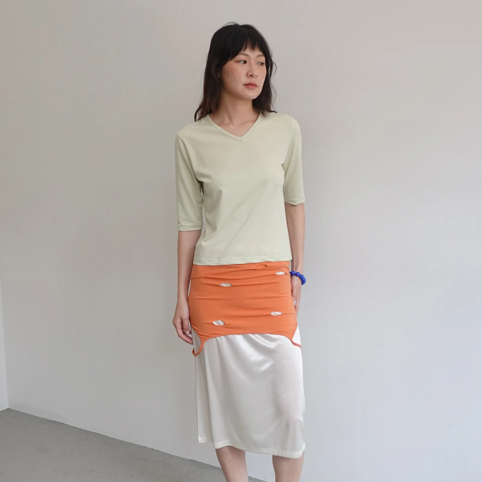 V-NECK MID SLEEVE T-SHIRT_MINT