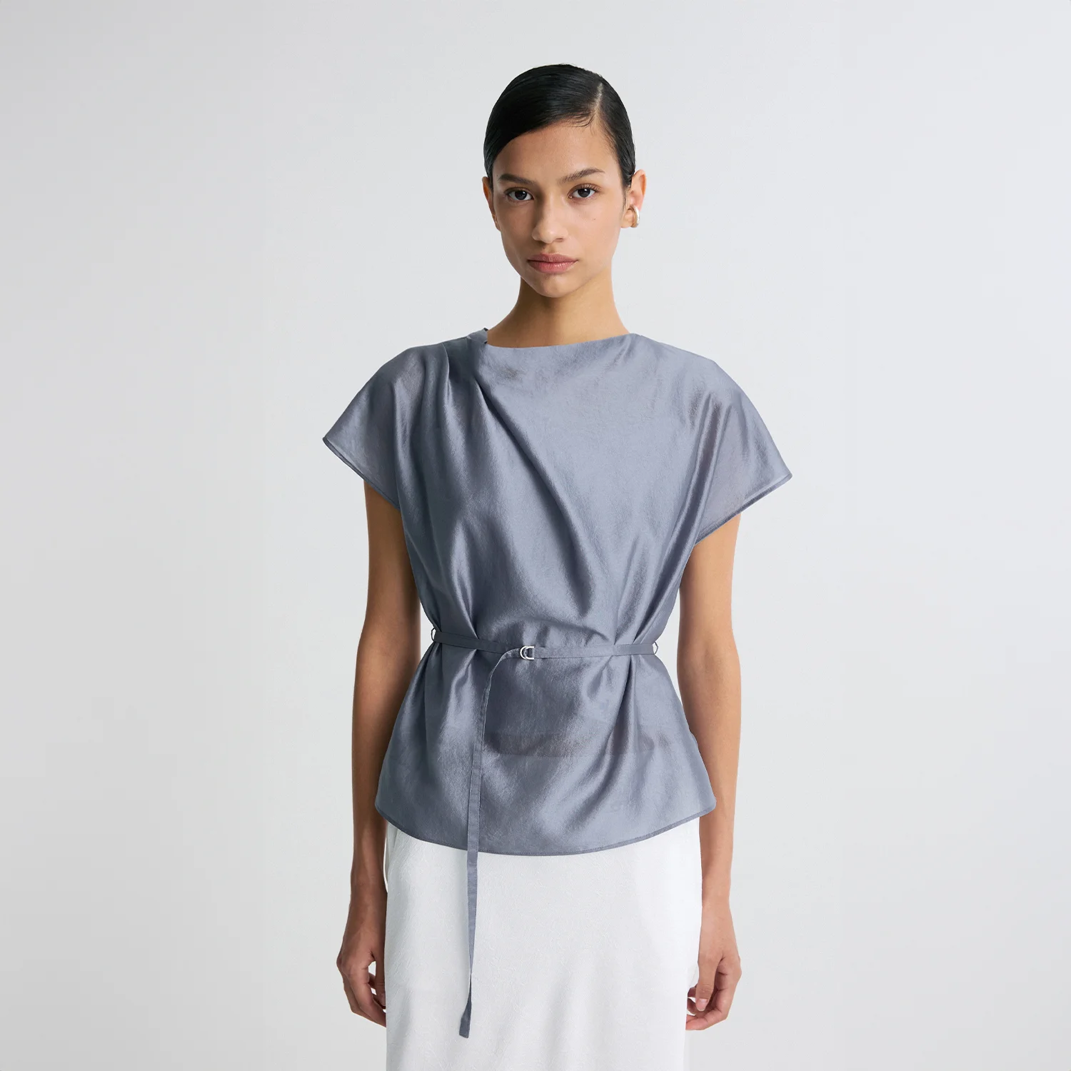 SHEER BELTED BLOUSE ASH BLUE