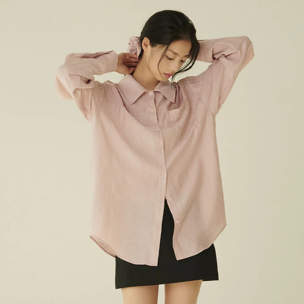 寬鬆版型 亞麻 襯衫 + 髮圈 SET - 粉色/ Loose Fit Linen Shirt + Scrunchie Set - Pink