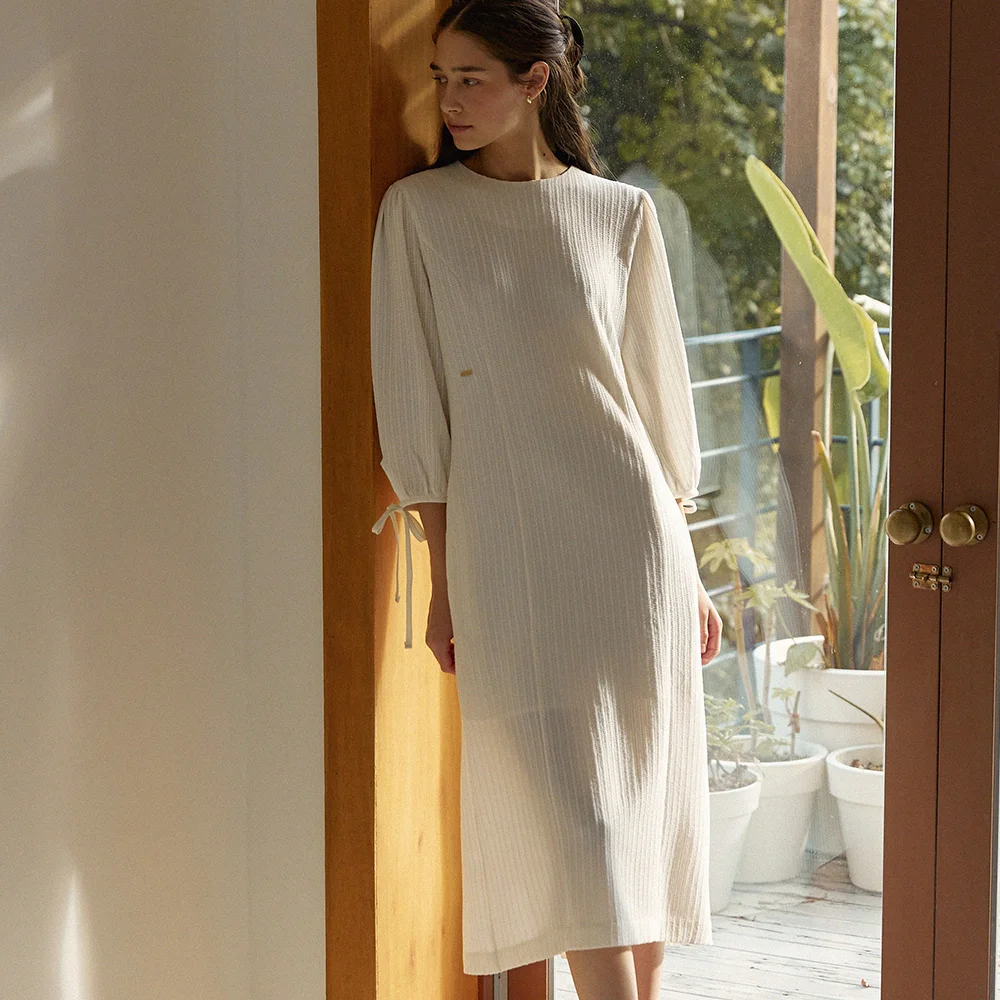Stripe sleeve jacquard ribbon long dress - ivory