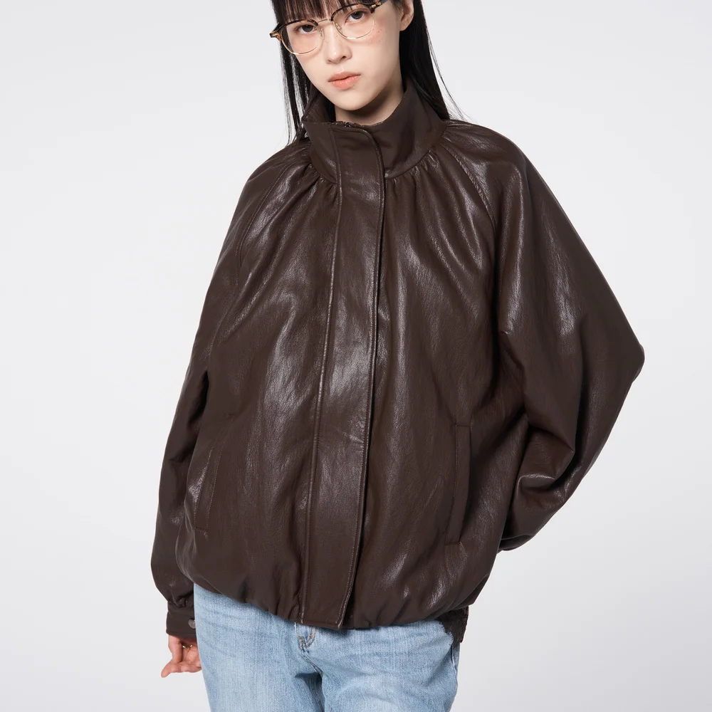Shirring Funnel Neck Faux Leather Blouson Jacket Brown