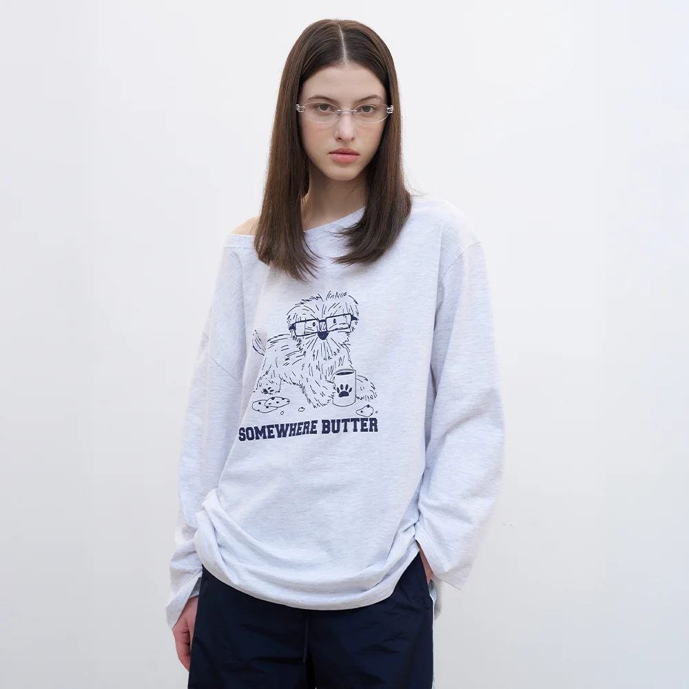 Glasses Puppy Long Top - White Melange