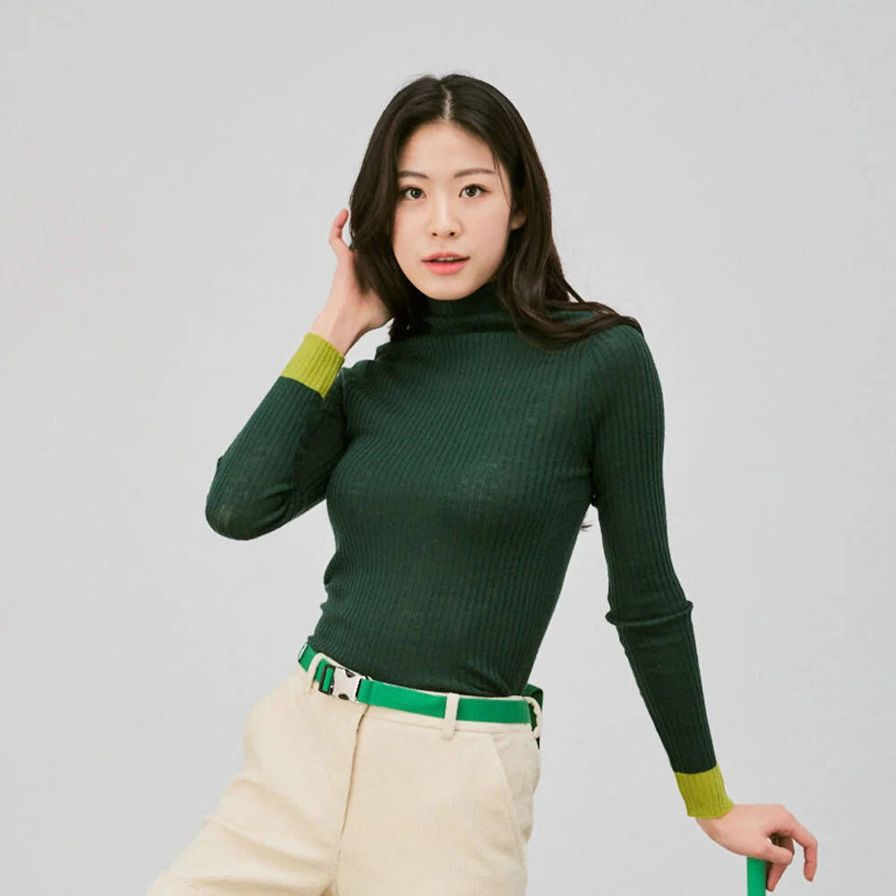 color block turtle neck_ Dark Green (100% fine wool)