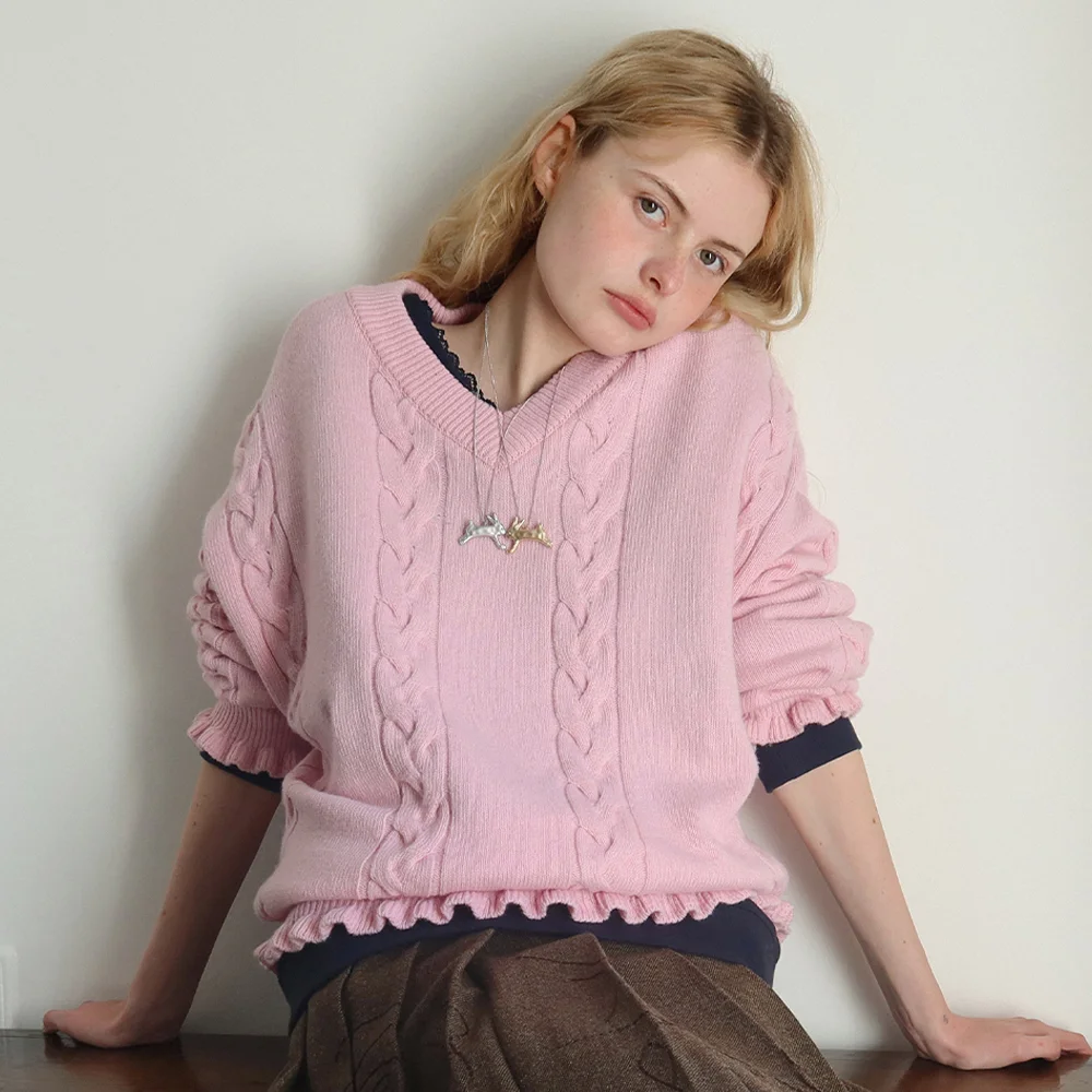 SN Cable V-neck Pullover (Pink)