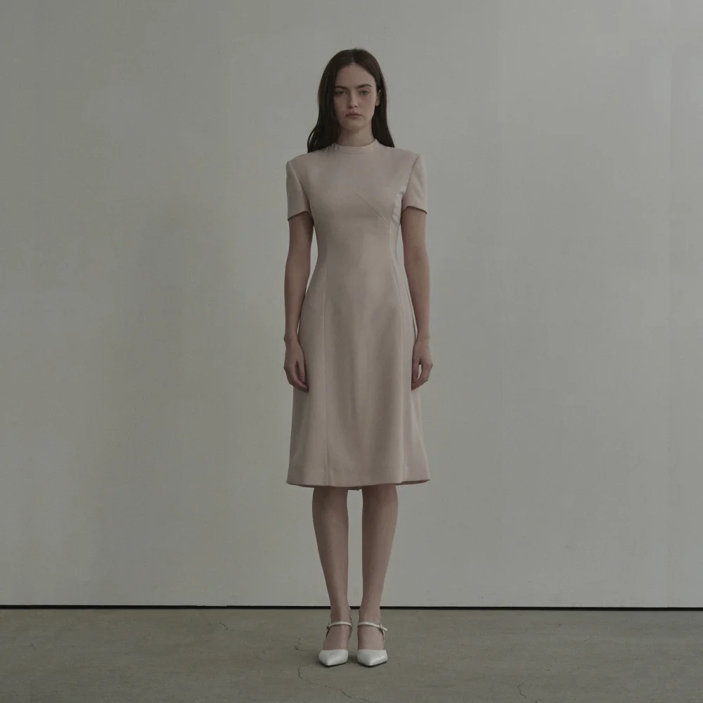 Half Neck Tailored Long Suit Dress - Pink