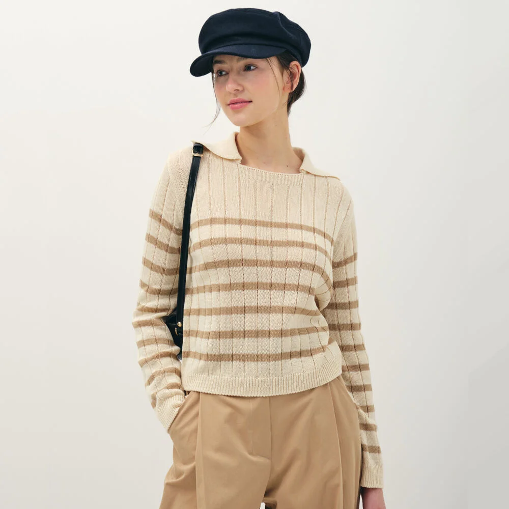 collar striped knit top_beige