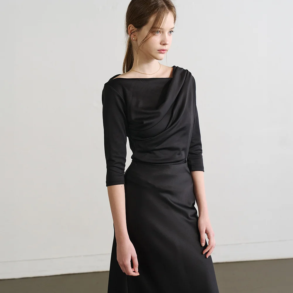Lautre Black Draped Off shoulder T shirts