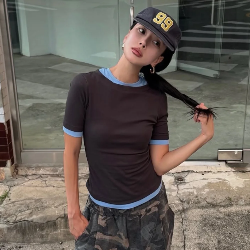 WOMEN BOAT NECK DOUBLE LAYER SLIM RIB T - ASH BLUE