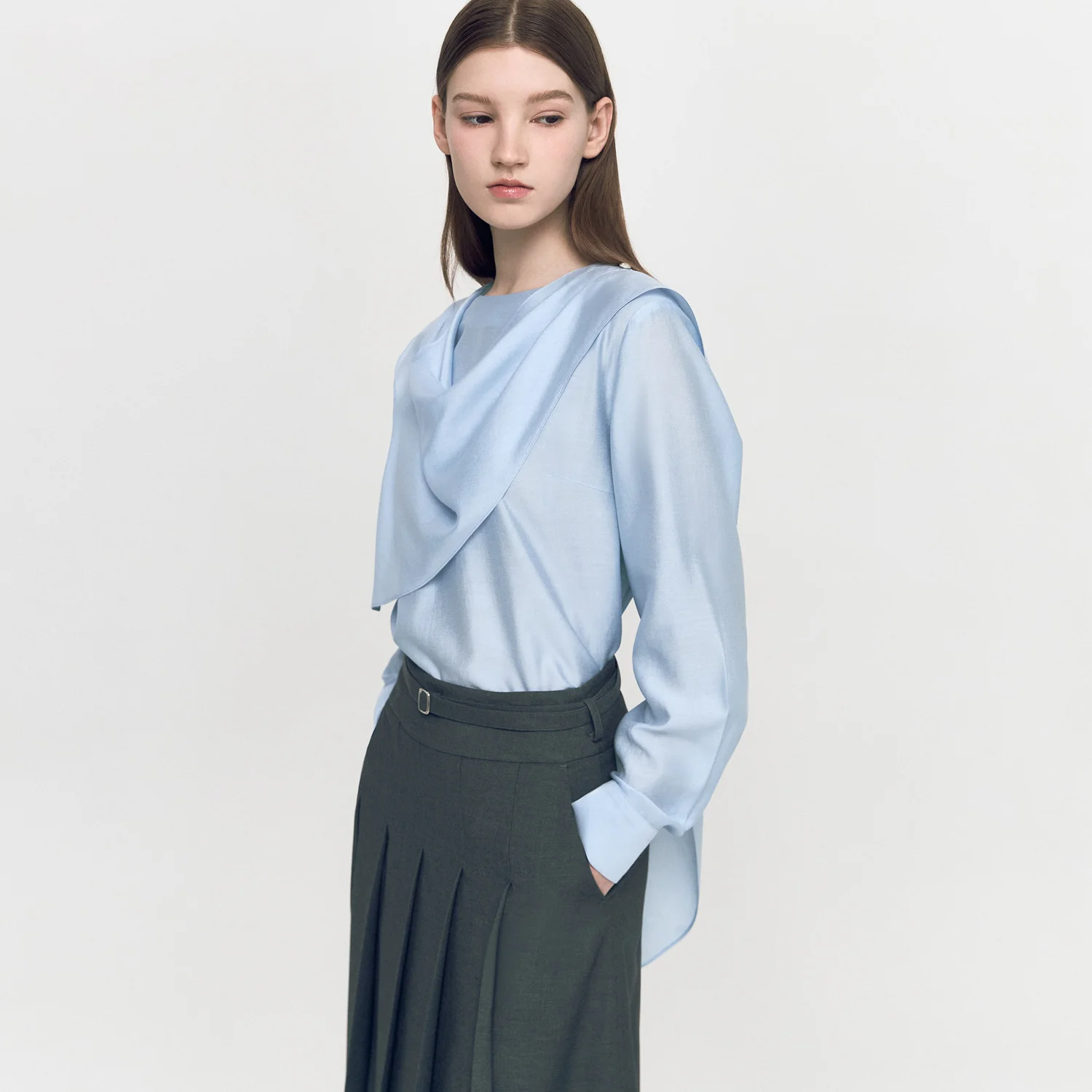 Draped Scarf-deco Blouse BLUE