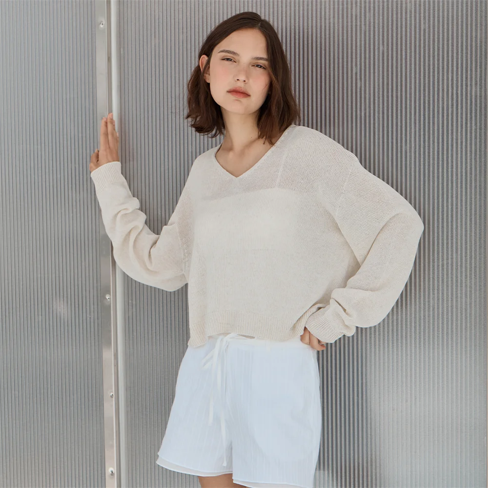 Wholegarment Linen V-Neck Knit_Beige