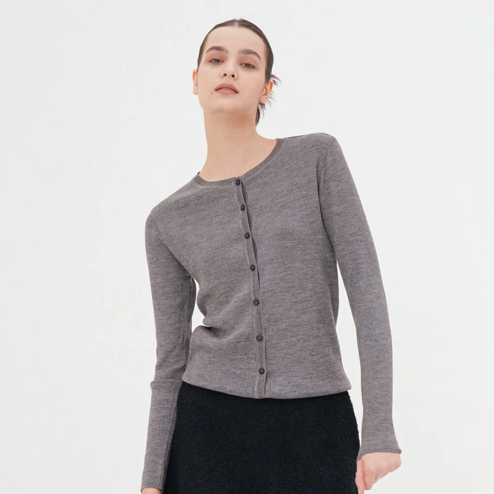 Round Neck Ribbed Cardigan _Grey