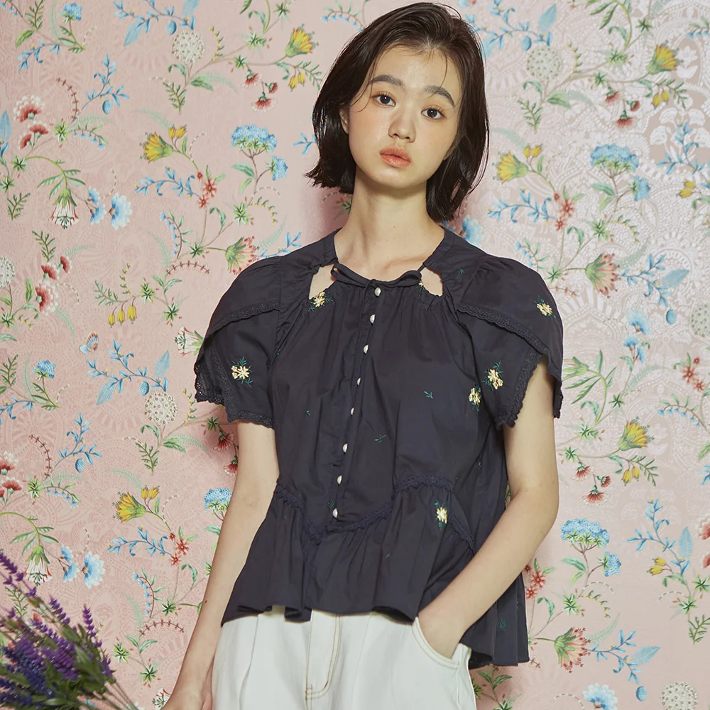 Flower Wrap Sleeve Blouse (Navy)