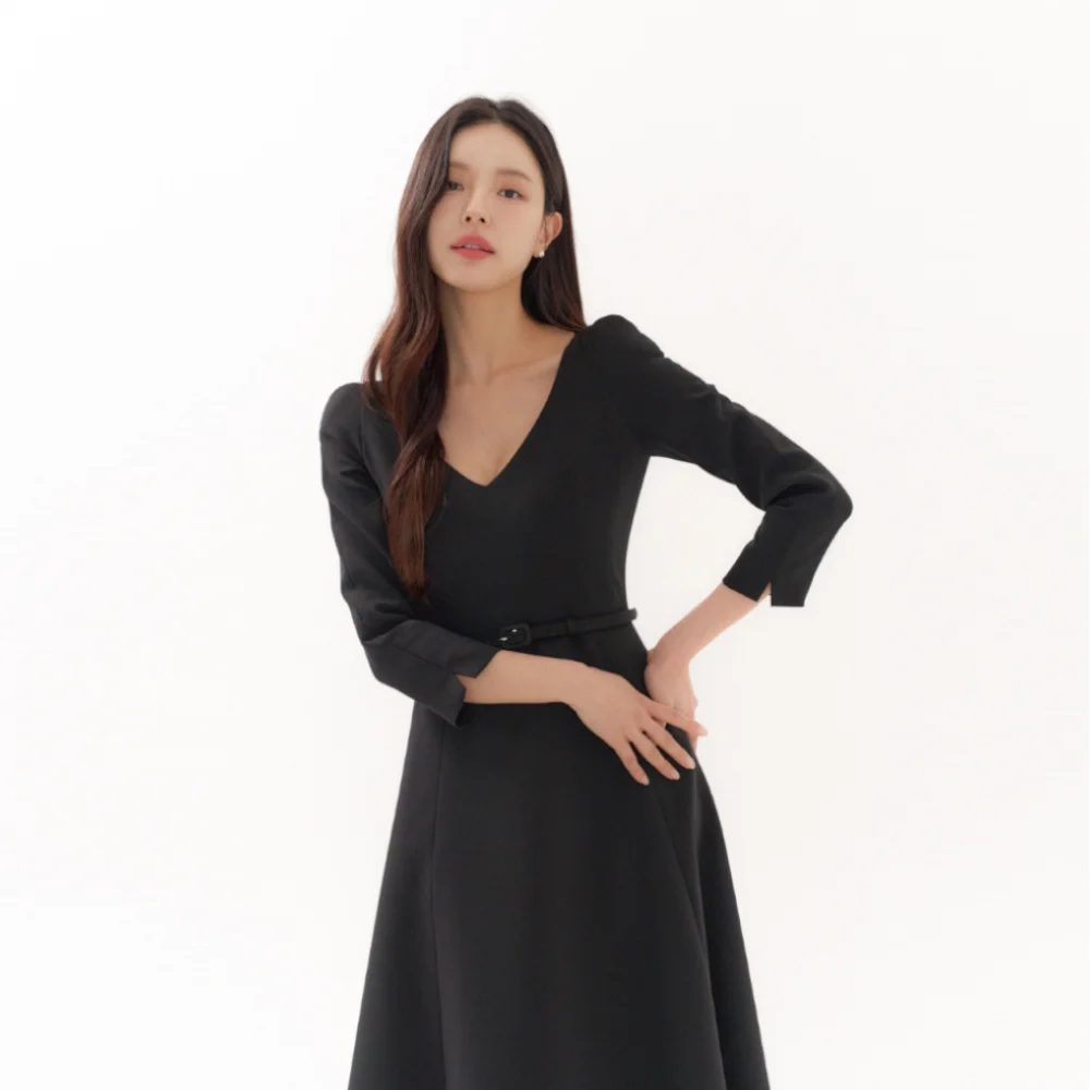 Deep V-neck Flare Dress/ Black