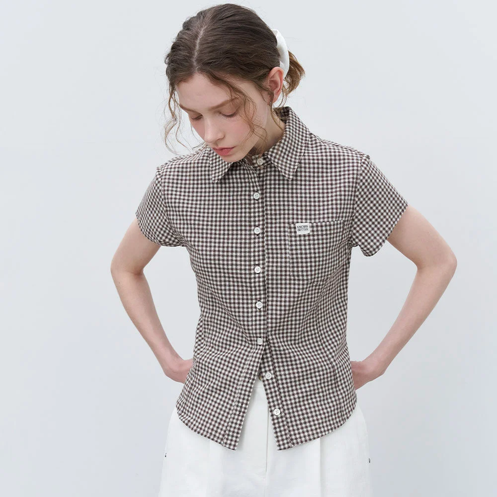 Gingham check half shirt _Brown