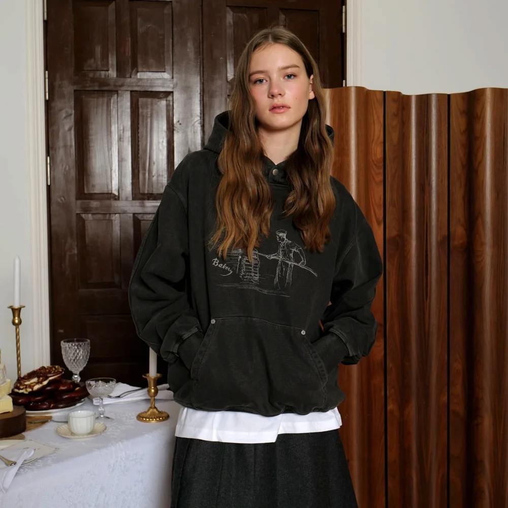 Garment Dyeing Baker Print Hoodie_Chacoal_W