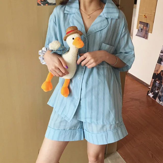 藍色 條紋 短袖 睡衣套裝 睡衣 家居服