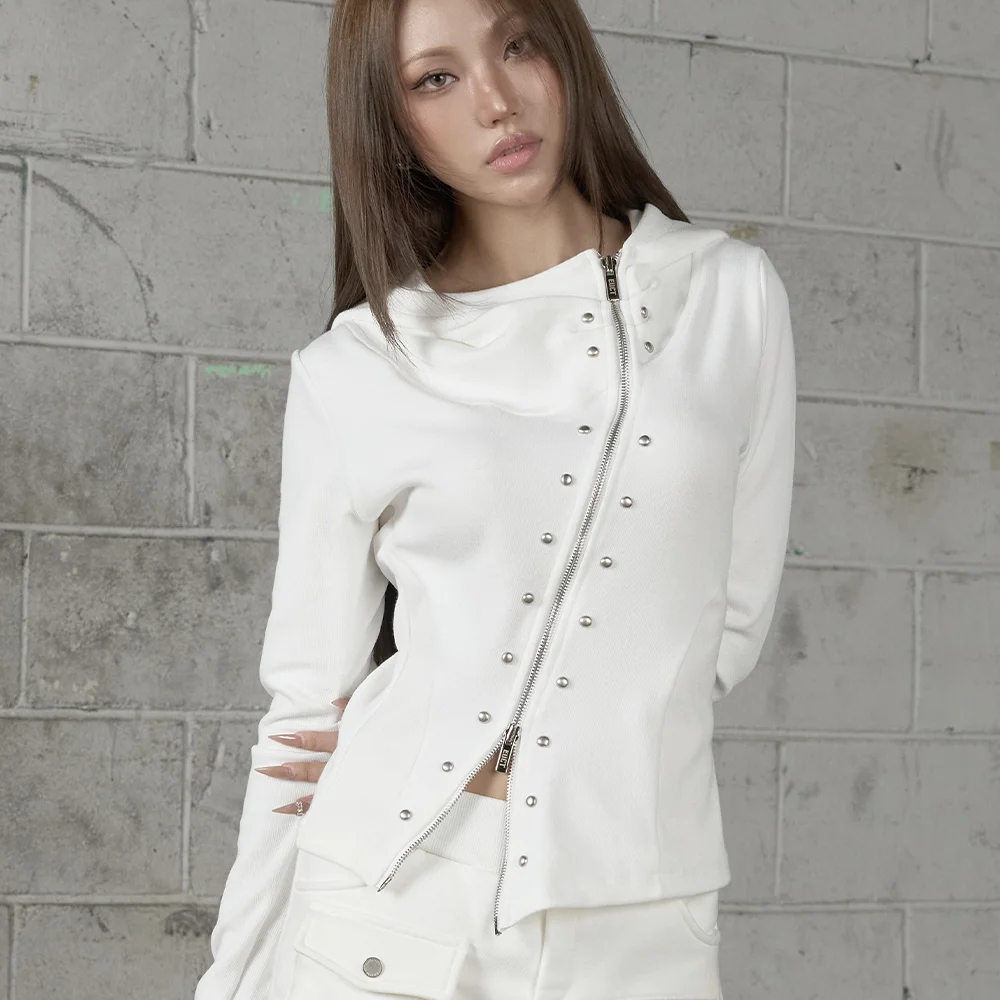 High Neck Curved Hoodie Zip-Up - IVORY