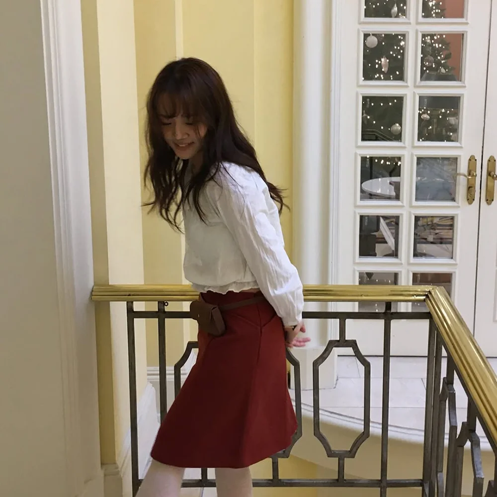 Wool pocket detailed skirt_red