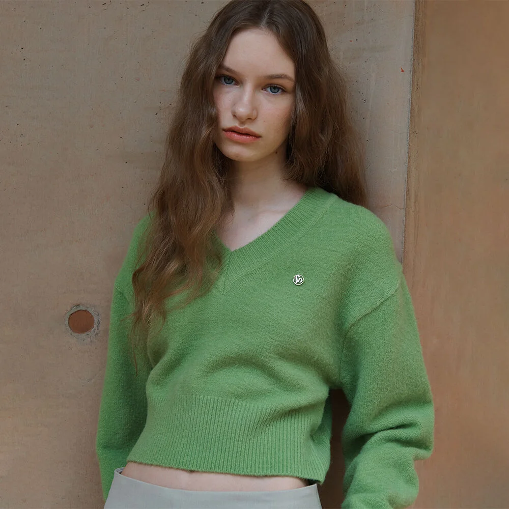V Neck Cropped Sweater (Yellow Green)