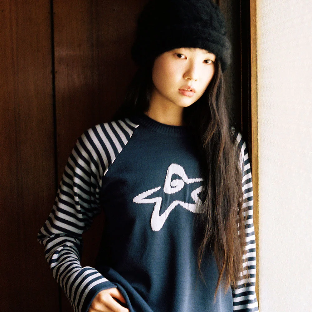 STAR STRIPE RAGLAN KNIT_NAVY(IK2FFMK600A)