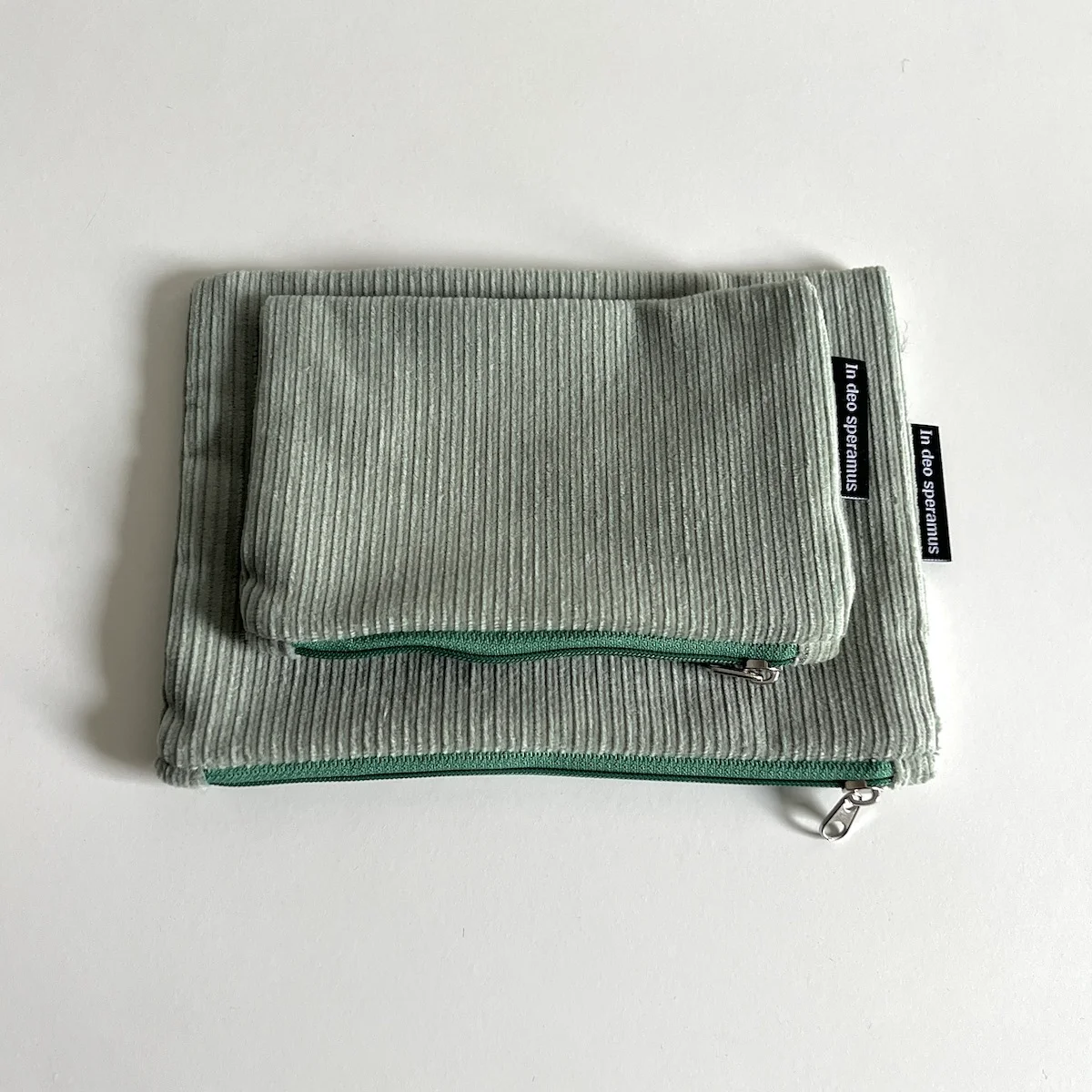 細條燈芯絨 薄荷色 化妝袋