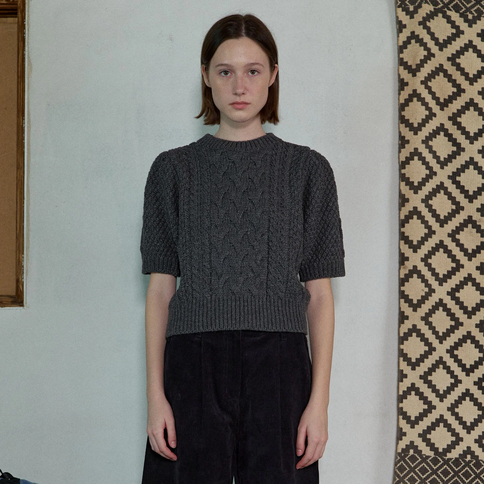 PUFF SLEEVE CABLE KNIT - CHARCOAL