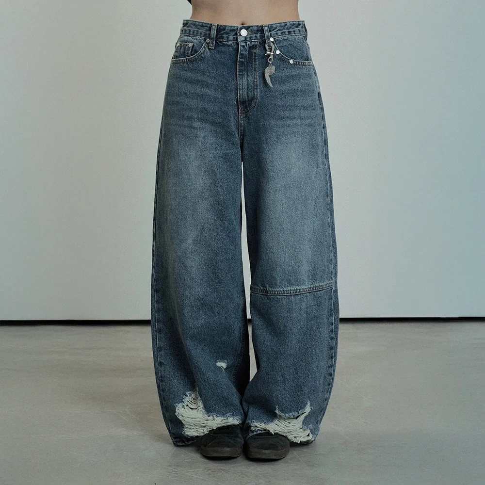 Hem Damage Keyring Wide Denim pants (Deep Blue)