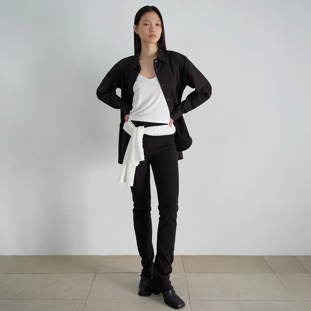 Rib Button Leggings Pants (Black)