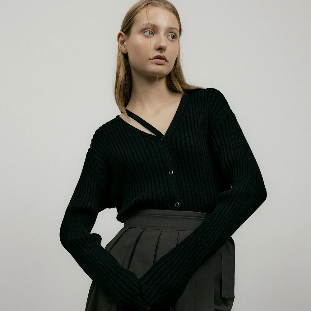 comos 715 neck cutout ribbed knit cardigan (black)