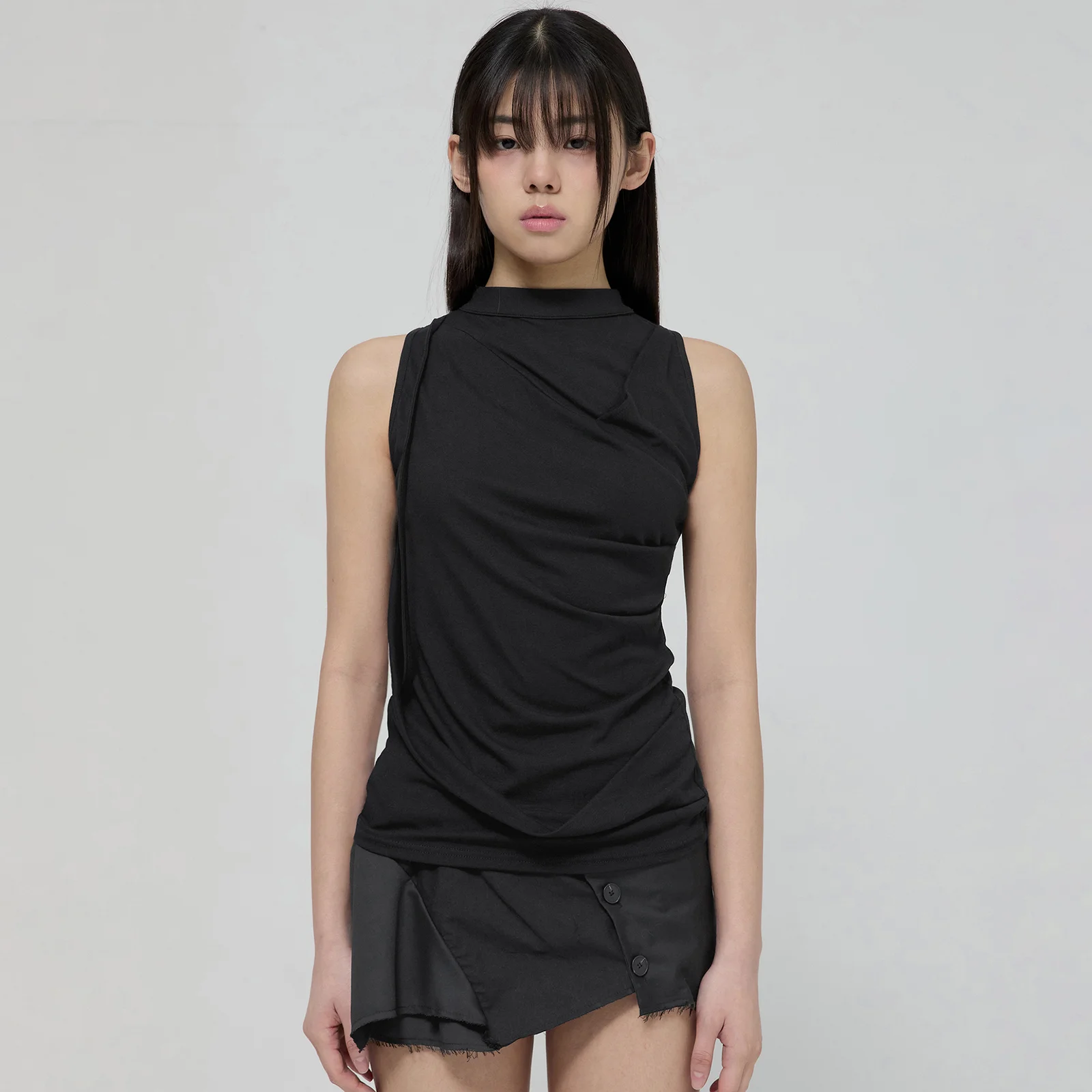 Draped Sleeveless Top (FL-135_Black)