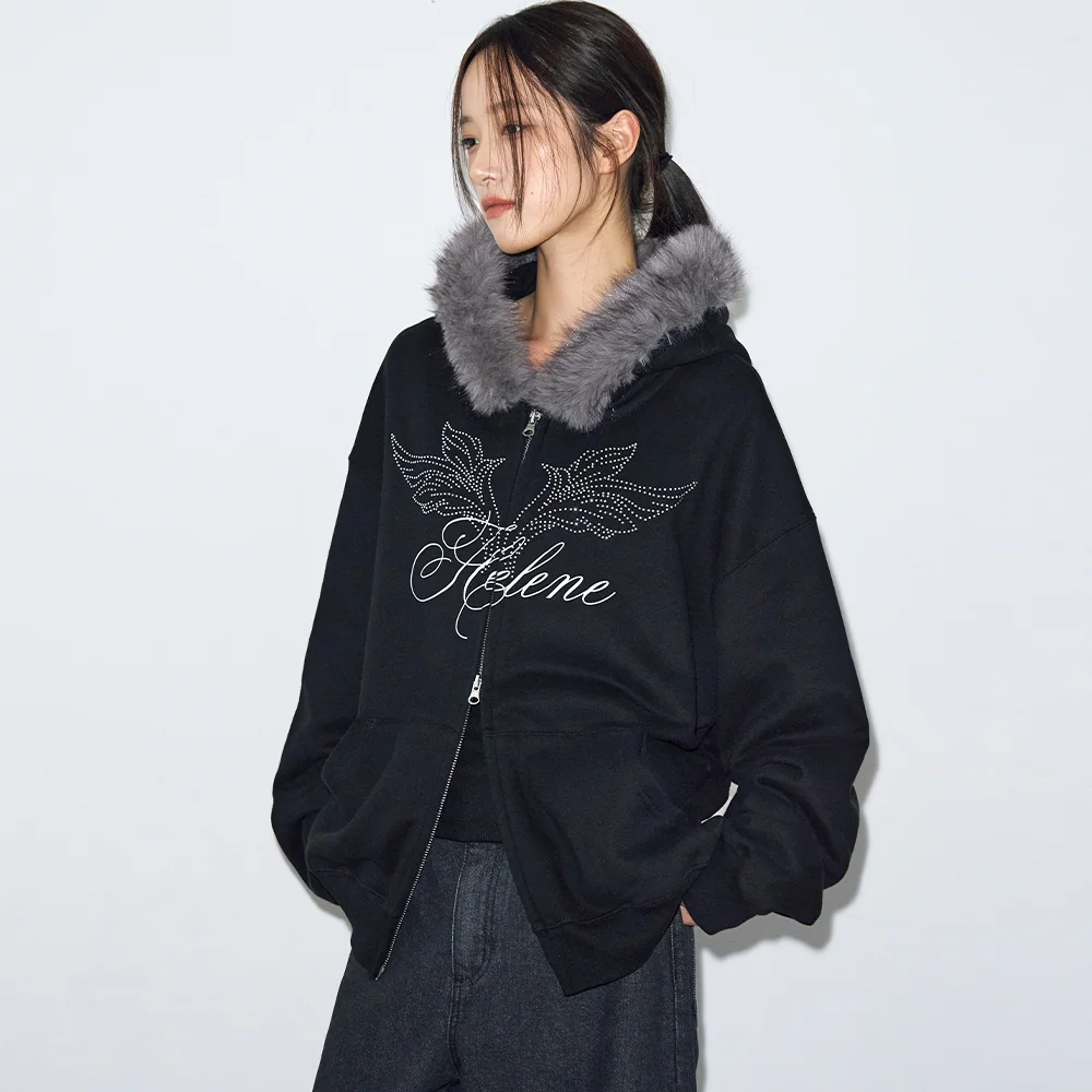 天使 字母印花 毛絨 滾邊 連帽衫 拉鏈