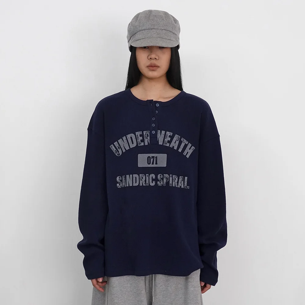 Henley Neck Waffle Long Sleeve_Navy