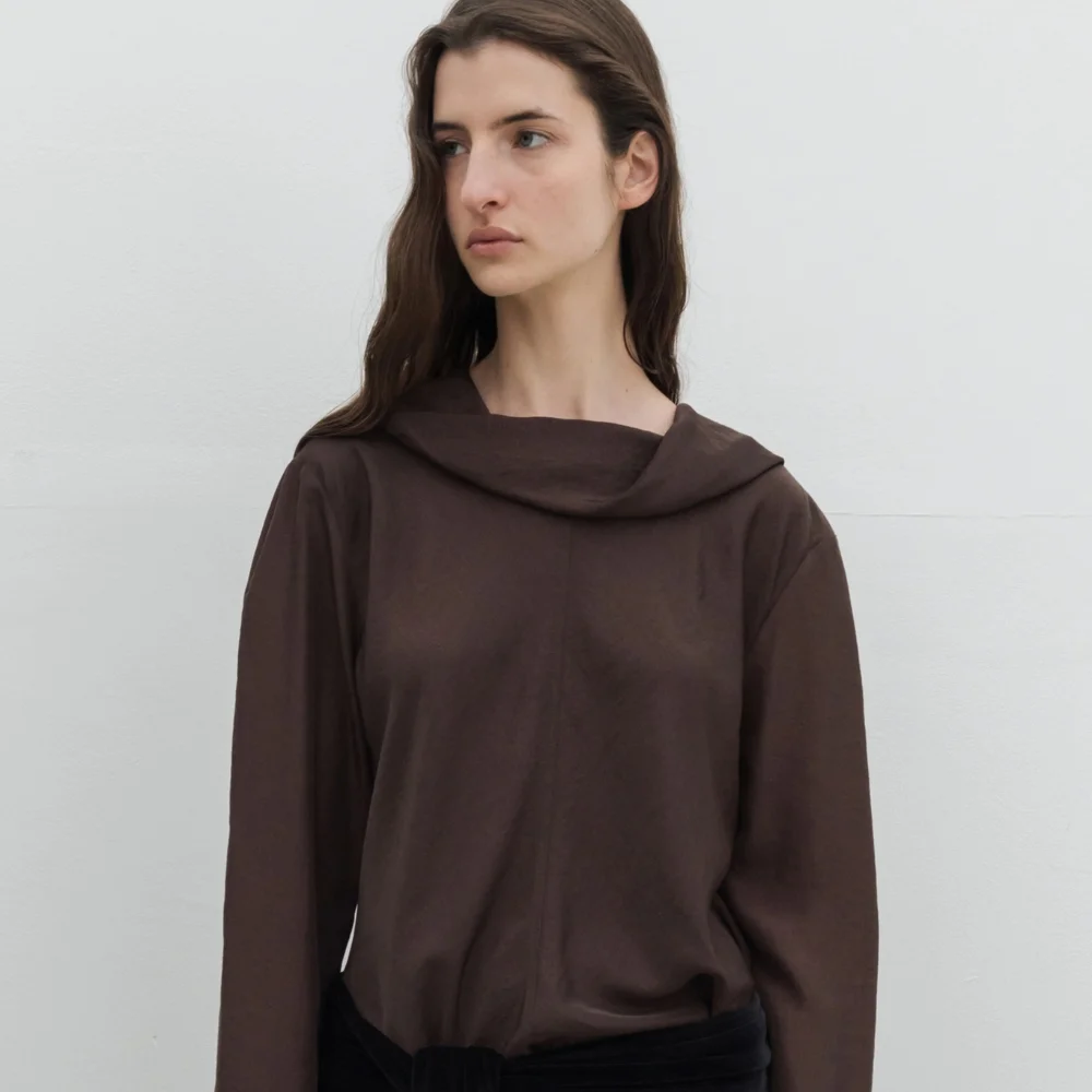 Draped Bias-Cut Blouse (Ivory / Gray / Brown)