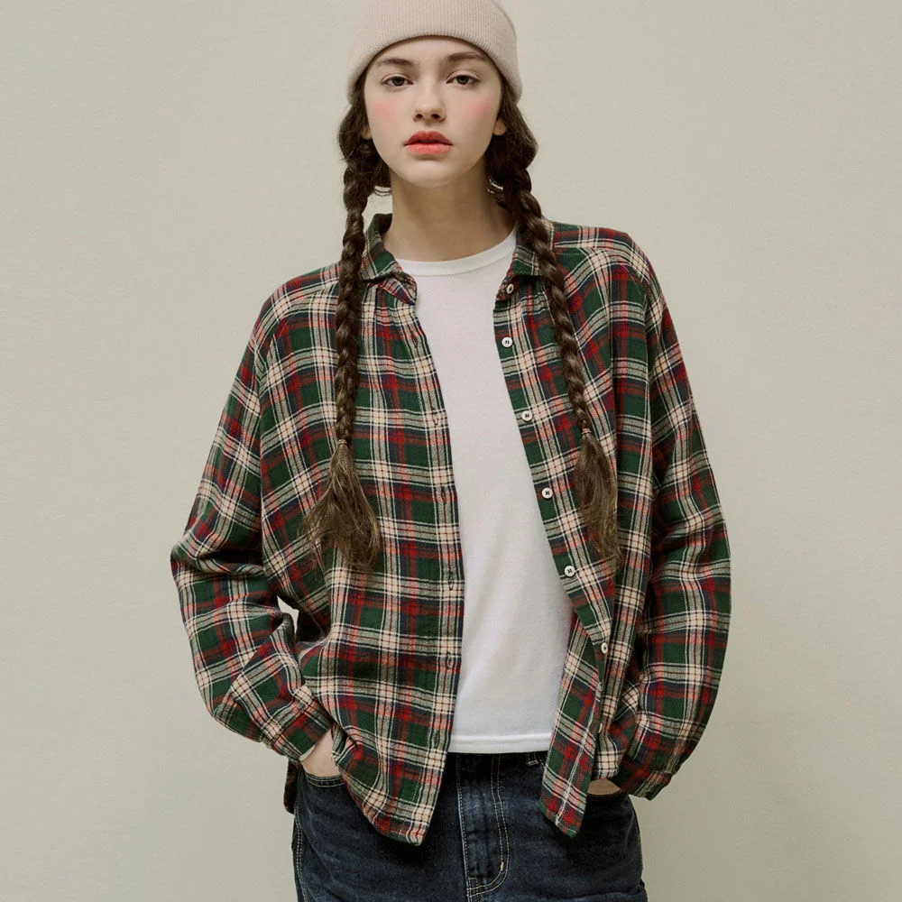 Stitch collar washed check shirt - Green