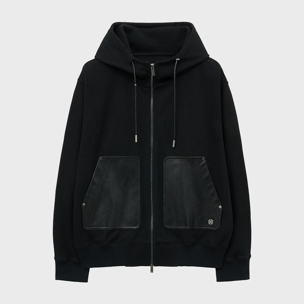 LEATHER POCKET MILANO HOODED ZIP-UP (BLACK)