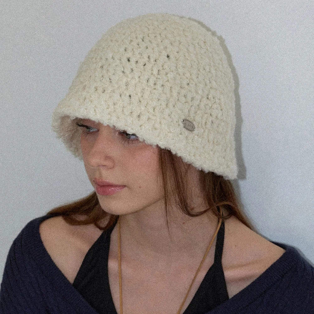Fluffy Handmade Crochet Knit Bucket Hat _ Cream