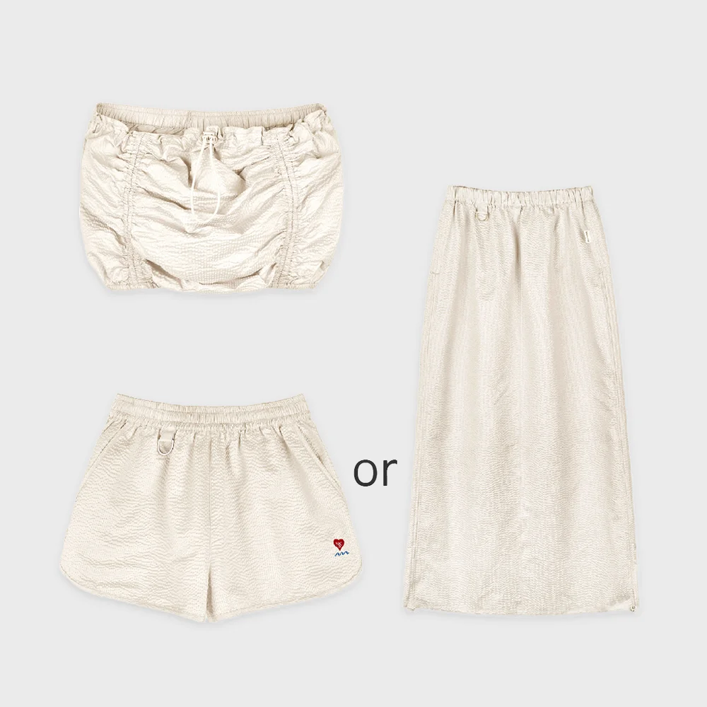 短褲 or 半身裙 + 壓紋 抽褶 抹胸上衣 (Beige)